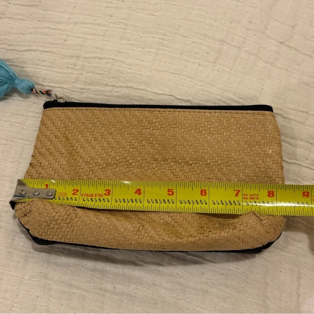 Woven Tan Clutch Cosmetic Pouch - Colorful Tassel Pom Pom / Toiletry bag